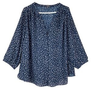 NYDJ Navy Blue Polka Dot Blouse 1X Pullover V-Neck 3/4 Sleeve Pintuck Detail